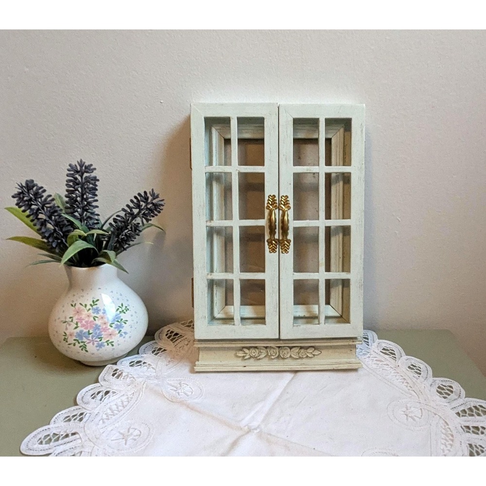 Vintage Cottagecore Shadow Box Frame, Shabby Chic Glass Door Display Cabinet